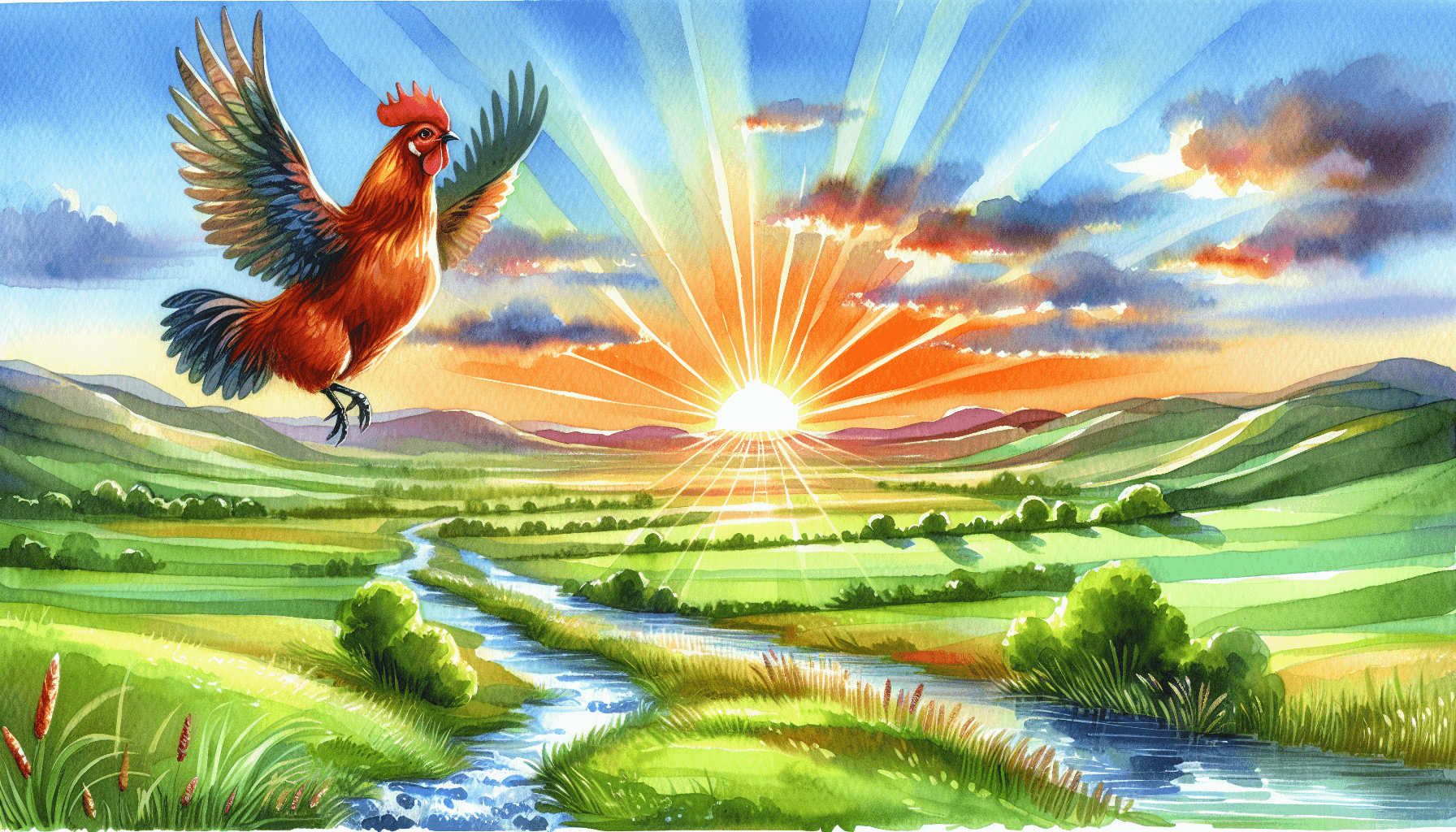 Huhn fliegt durch bunte Landschaft