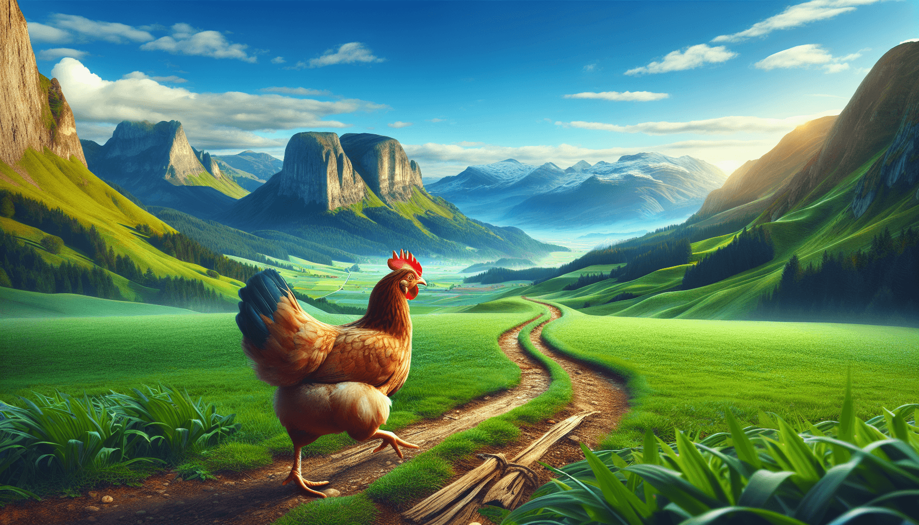 Huhn in malerischer Landschaft