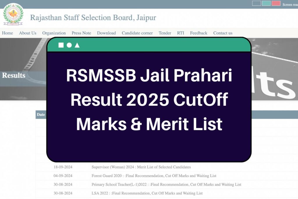 RSMSSB Jail Prahari Result 2025: rsmssb.rajasthan.gov.in Prison Warder CutOff Marks & Merit List